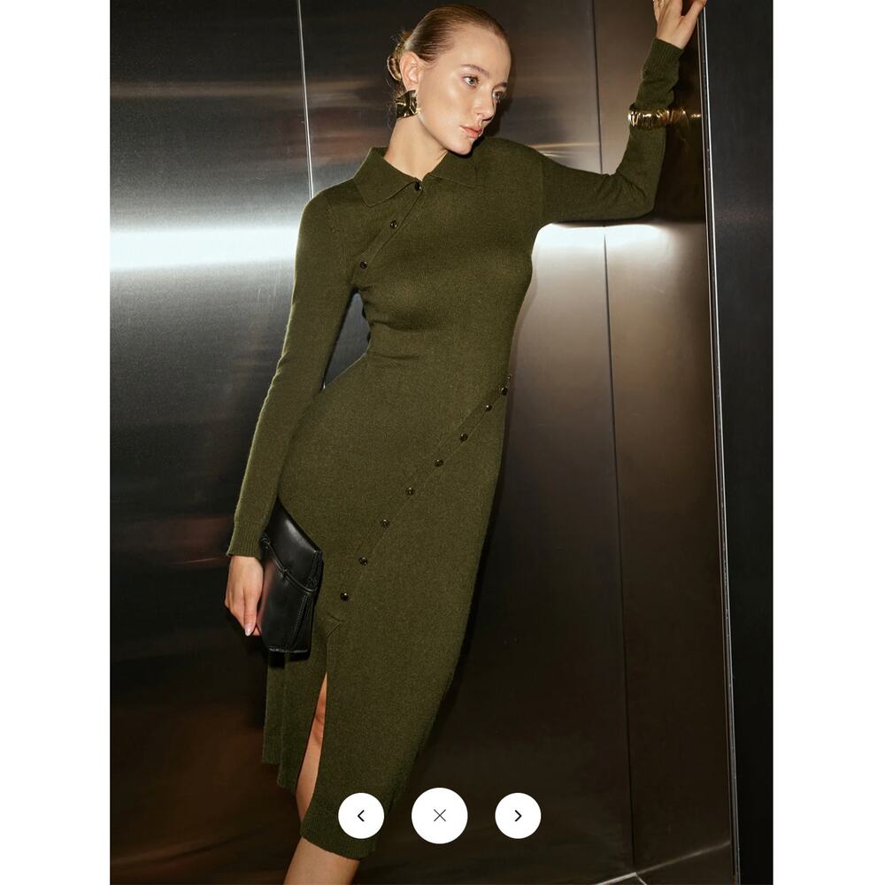 Commense Wool Blend Polo Collar Asymmetric Slit Midi Dres Sz XL